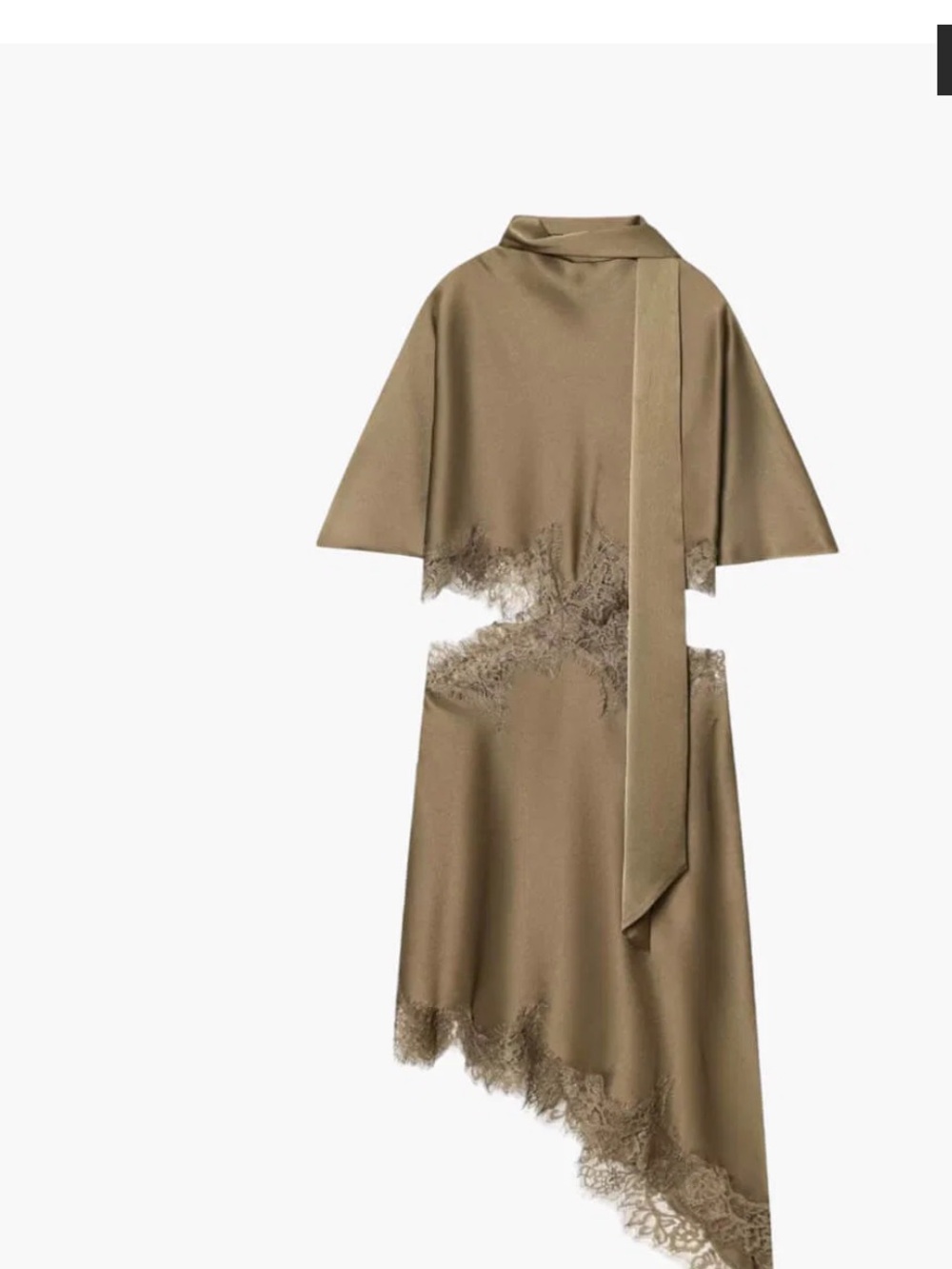 Asymmetrical Lace-Trim Midi Dress in Olive-Taupe